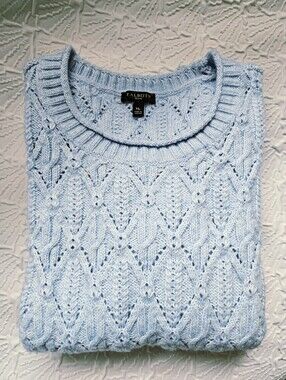 Talbots Pale Blue Pointelle Cable Knit Crewneck Pullover Sweater- Sz MP/Petite